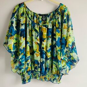 Apostrophe Blouse Blue Green Watercolor Floral Butterfly Sleeve Ruched Waist PL